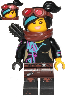 This LEGO minifigure is called, Lucy Wyldstyle with Black Quiver, Reddish Brown Scarf and Goggles, Open Mouth  Smile / Angry . It's minifig ID is tlm117.