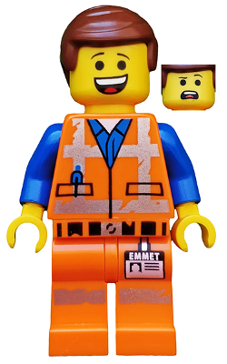 This LEGO minifigure is called, Emmet, Lopsided Grin / Confused, Worn Uniform . It's minifig ID is tlm180.