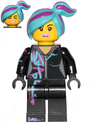 Display of LEGO The LEGO Movie 2 Lucy Wyldstyle with Magenta Lined Hoodie, Medium Azure and Magenta Hair, Smile / Cheerful