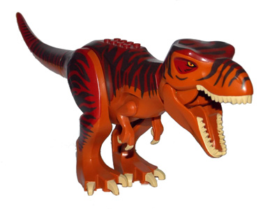 Display of LEGO part no. trex02 which is a Dark Orange Dinosaur Tyrannosaurus rex with Dark Red Back 