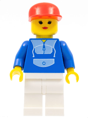This LEGO minifigure is called, Jogging Suit, White Legs, Red Cap . It's minifig ID is trn016.