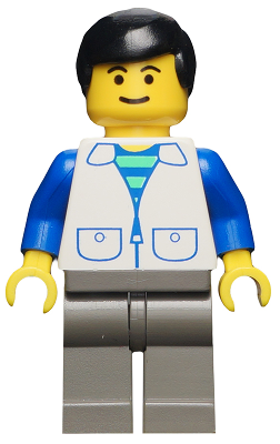 This LEGO minifigure is called, Suit with 2 Pockets White, Dark Gray Legs, Black Male Hair . It's minifig ID is trn032.