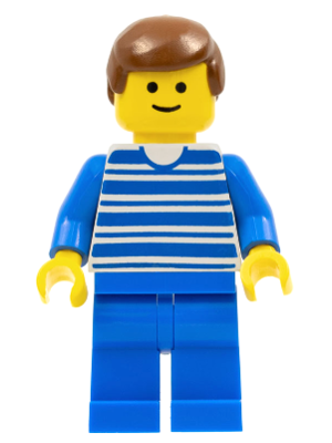 This LEGO minifigure is called, Horizontal Lines Blue, Blue Arms, Blue Legs, Brown Male Hair . It's minifig ID is trn039.
