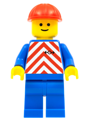 This LEGO minifigure is called, Red & White Stripes, Blue Legs, Red Construction Helmet . It's minifig ID is trn049.