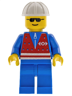 This LEGO minifigure is called, Red Vest and Zipper, Blue Legs, White Construction Helmet, Sunglasses . It's minifig ID is trn057.