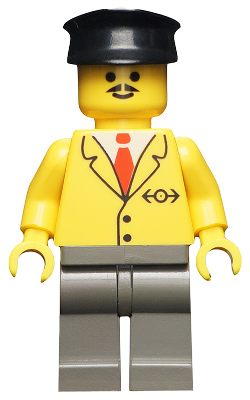 This LEGO minifigure is called, Railway Employee 5, Dark Gray Legs, Black Hat . It's minifig ID is trn059.