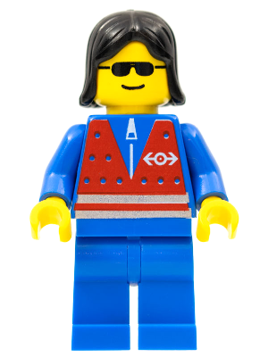 This LEGO minifigure is called, Red Vest and Zipper, Blue Legs, Black Female Hair . It's minifig ID is trn073.