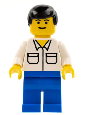 This LEGO minifigure is called, Shirt with 2 Pockets, Blue Legs, Black Male Hair . It's minifig ID is trn105.