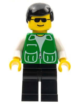 This LEGO minifigure is called, Jacket Green with 2 Large Pockets, Black Legs, Black Male Hair . It's minifig ID is trn136.