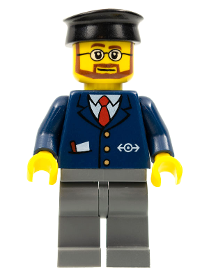 Display of LEGO Train Dark Blue Suit with Train Logo, Dark Bluish Gray Legs, Black Hat, Beard and Glasses