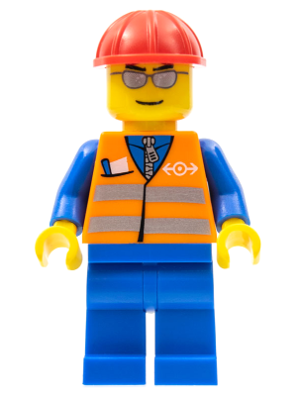 This LEGO minifigure is called, Orange Vest with Safety Stripes, Blue Legs, Silver Glasses, Red Construction Helmet . It's minifig ID is trn225.