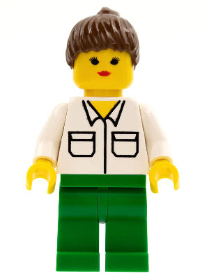 This LEGO minifigure is called, Shirt with 2 Pockets, Green Legs, Brown Ponytail Hair . It's minifig ID is twn014.