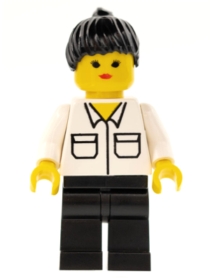 This LEGO minifigure is called, Shirt with 2 Pockets, Black Legs, Black Ponytail Hair . It's minifig ID is twn016.