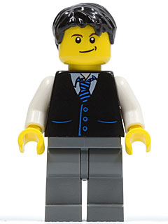 This LEGO minifigure is called, Black Vest with Blue Striped Tie, Dark Bluish Gray Legs, White Arms, Black Short Tousled Hair . It's minifig ID is twn049.