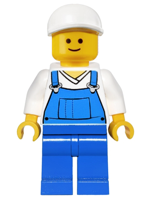 Display of LEGO City Overalls Blue over V-Neck Shirt, Blue Legs, White Short Bill Cap