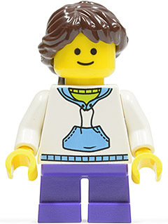 This LEGO minifigure is called, White Hoodie with Blue Pockets, Dark Purple Short Legs, Dark Brown Hair Ponytail Long French Braided . It's minifig ID is twn139.