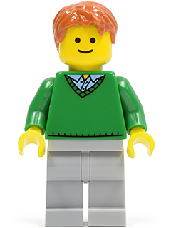 This LEGO minifigure is called, Green V-Neck Sweater, Light Bluish Gray Legs, Dark Orange Short Tousled Hair . It's minifig ID is twn140.