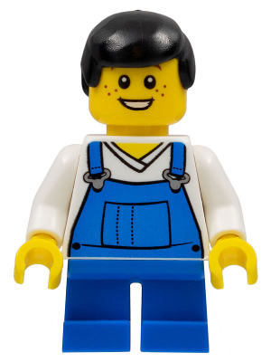 This LEGO minifigure is called, Overalls Blue over V-Neck Shirt, Blue Short Legs, Black Male Hair . It's minifig ID is twn151.