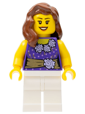 This LEGO minifigure is called, Female Dark Purple Blouse with Gold Sash and Flowers, White Legs . It's minifig ID is twn154.