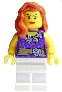 This LEGO minifigure is called, Female Dark Purple Blouse with Gold Sash and Flowers, White Legs, Red Lips . It's minifig ID is twn171.