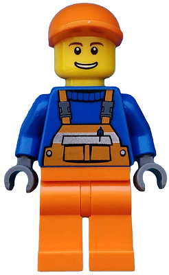 This LEGO minifigure is called, Overalls with Safety Stripe Orange, Orange Legs, Orange Short Bill Cap, Thin Grin with Teeth . It's minifig ID is twn174.