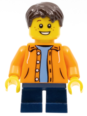 Display of LEGO City Orange Jacket with Hood over Light Blue Sweater, Dark Blue Short Legs, Dark Brown Short Tousled Hair