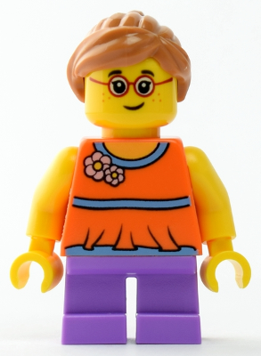 Display of LEGO City Girl with Orange Top and Medium Lavender Legs