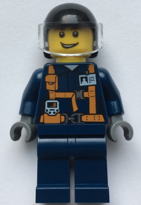 Display of LEGO City Helicopter Pilot, Dark Blue Suit with Harness