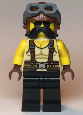 Display of LEGO City Man, Tan Tank Top, Black Moustache, Reddish Brown Suspenders and Aviator Cap with Dark Bluish Gray Goggles