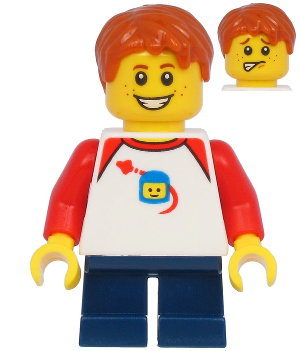 Display of LEGO City Boy with Classic Space Shirt with Red Sleeves, Dark Blue Short Legs, Dark Orange Hair