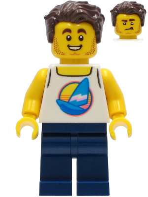 Display of LEGO City Surfer, Male, White Tank Top with Dark Azure Windsurf, Dark Blue Legs, Dark Brown Hair