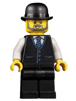 Display of LEGO City Accountant, Male, Black Vest with Blue Striped Tie, Black Legs, Black Bowler Hat, Beard