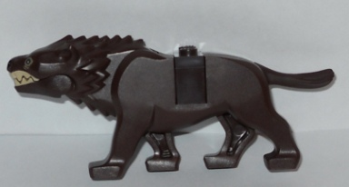 Display of LEGO part no. wargpb03c01 which is a Dark Brown Warg with Black Nose 