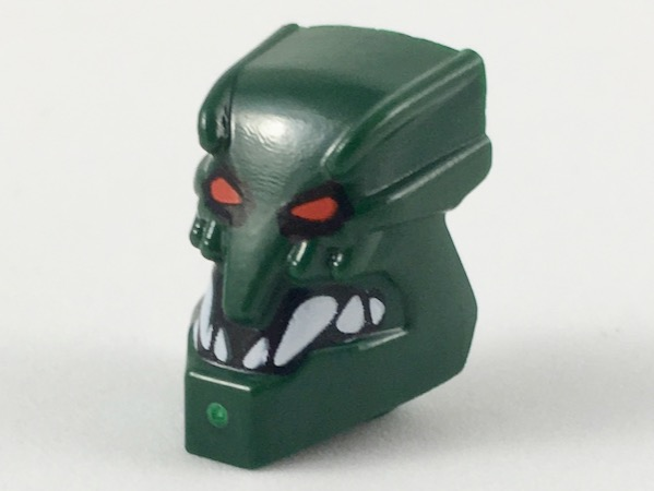 Display of LEGO part no. x1816px1 Minifigure, Head, Modified Bionicle Piraka Zaktan with Eyes and Teeth Pattern  which is a Dark Green Minifigure, Head, Modified Bionicle Piraka Zaktan with Eyes and Teeth Pattern 