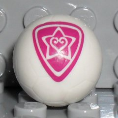 Display of LEGO part no. x45pb06 Ball, Sports Soccer with 2 Magenta Outlined Heart and Star Pattern  which is a White Ball, Sports Soccer with 2 Magenta Outlined Heart and Star Pattern 